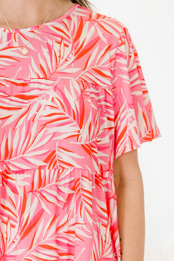 Chic Soul plus size clothing, pink multi tropical print short sleeve tiered top with round neckline 