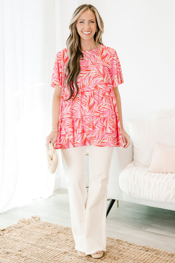Chic Soul plus size clothing, pink multi tropical print short sleeve tiered top with round neckline 