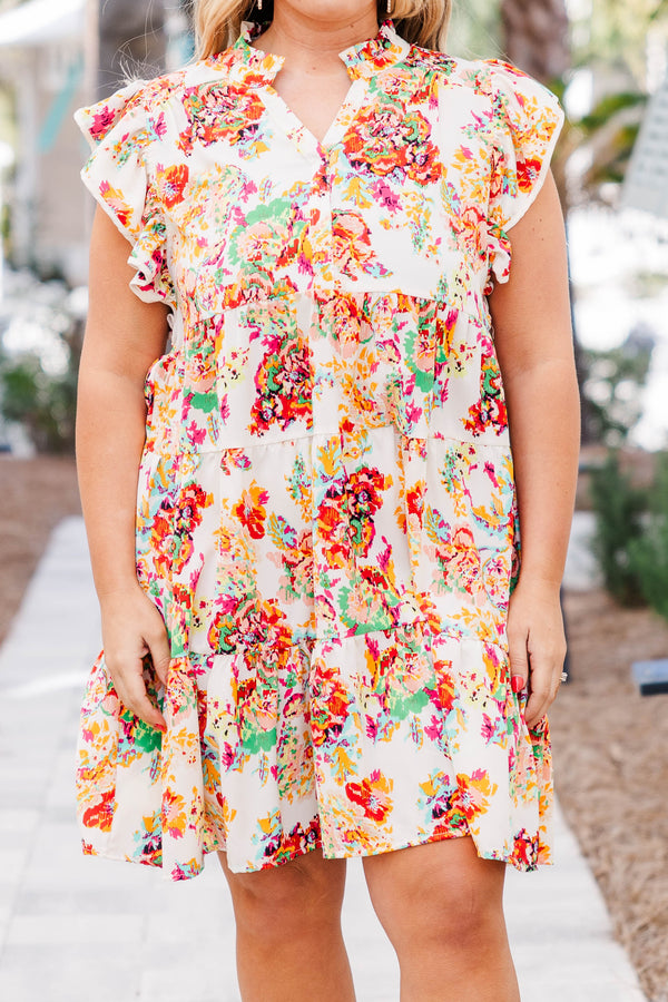 Chic Soul plus size clothing, cream short sleeve button up mini dress with multicolored floral design with v neck and collar with ruffle sleeves