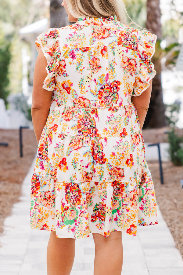 Chic Soul plus size clothing, cream short sleeve button up mini dress with multicolored floral design with v neck and collar with ruffle sleeves