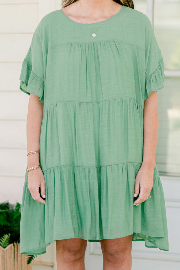 Chic Soul plus size clothing, short flowy ruffled sleeve sage green ruffled baby doll dress with a high-scoop-neckline