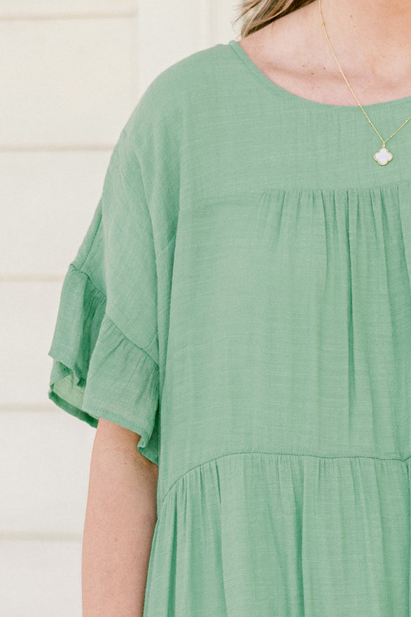 Chic Soul plus size clothing, short flowy ruffled sleeve sage green ruffled baby doll dress with a high-scoop-neckline