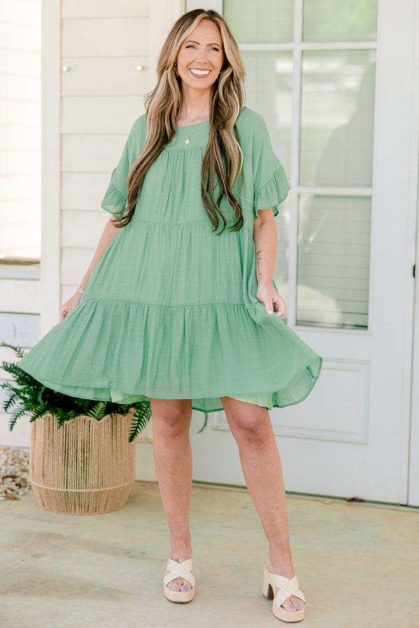 Chic Soul plus size clothing, short flowy ruffled sleeve sage green ruffled baby doll dress with a high-scoop-neckline