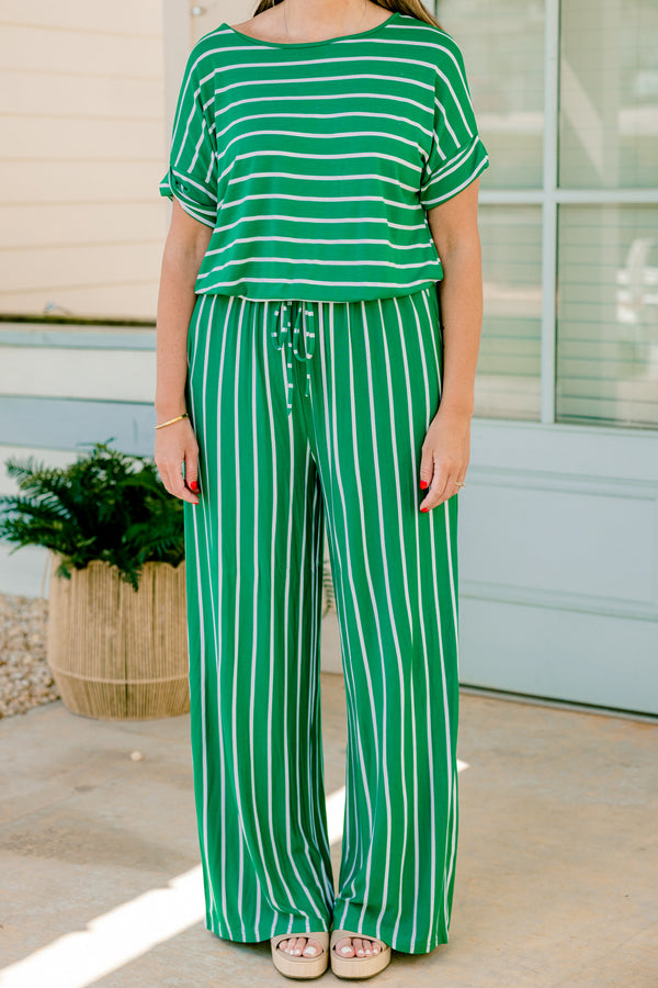 Chic Soul plus size clothing, green and ivory striped jumpsuit with short sleeves and a cuff detail at the end of each sleeve 