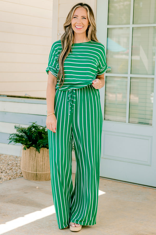 Chic Soul plus size clothing, green and ivory striped jumpsuit with short sleeves and a cuff detail at the end of each sleeve 
