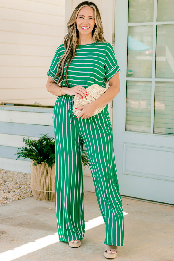 Chic Soul plus size clothing, green and ivory striped jumpsuit with short sleeves and a cuff detail at the end of each sleeve 
