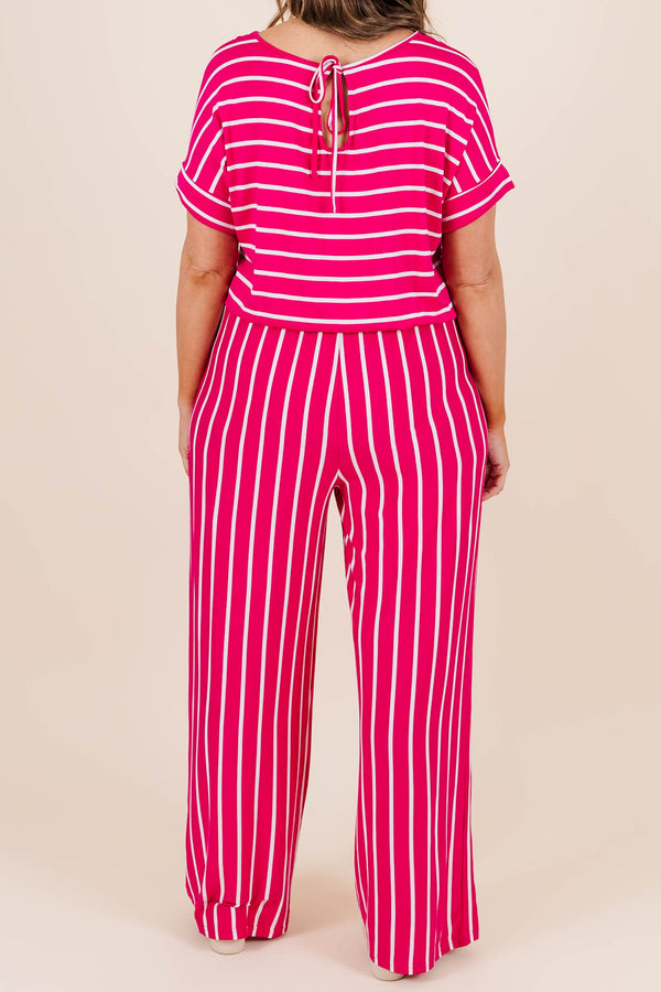 Chic Soul plus size clothing, wine-ivory striped jumpsuit with tie at waist and short sleeves