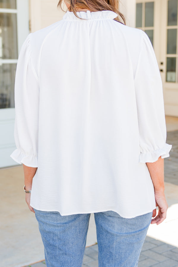Chic Soul plus size clothing, off white three quarter length sleeve with ruffle detail along cuff of sleeves and neckline