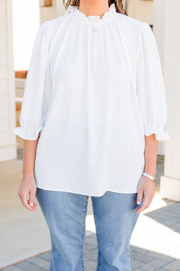 Chic Soul plus size clothing, off white three quarter length sleeve with ruffle detail along cuff of sleeves and neckline