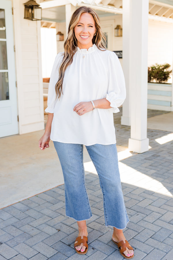 Chic Soul plus size clothing, off white three quarter length sleeve with ruffle detail along cuff of sleeves and neckline