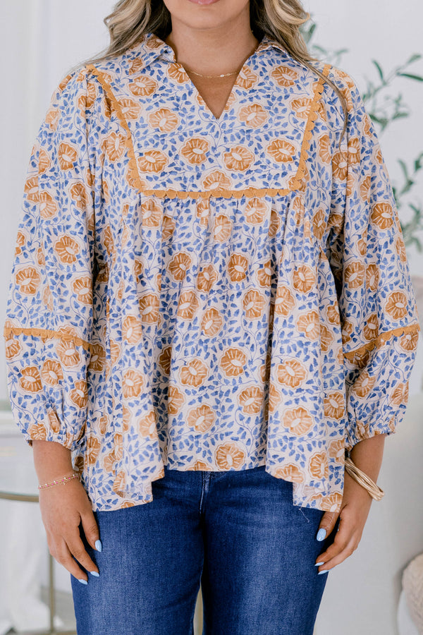 Chic Soul plus size clothing, blue and yellow floral print long sleeve baby doll top with v neck cutout 