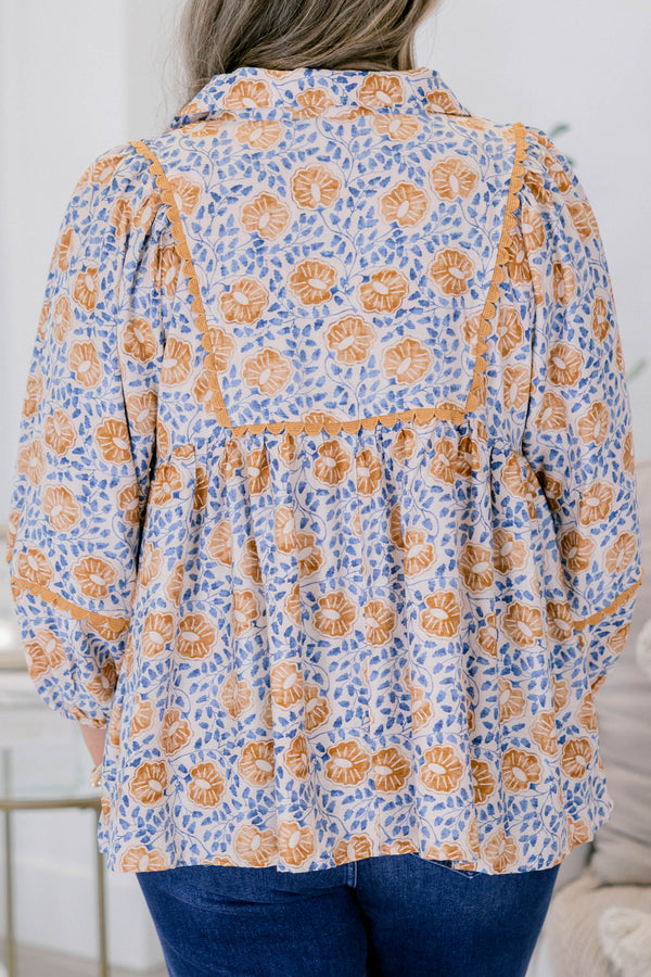 Chic Soul plus size clothing, blue and yellow floral print long sleeve baby doll top with v neck cutout 