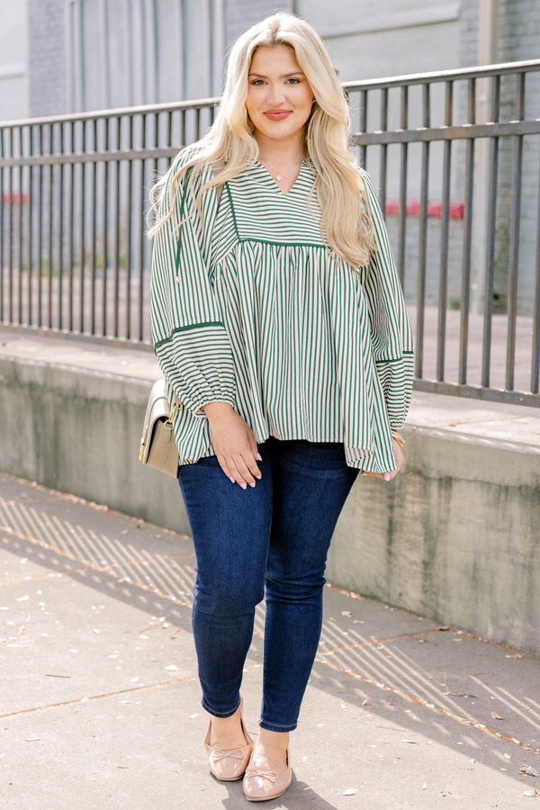 Chic Soul plus size clothing, green and white pin stripe long sleeve baby doll top