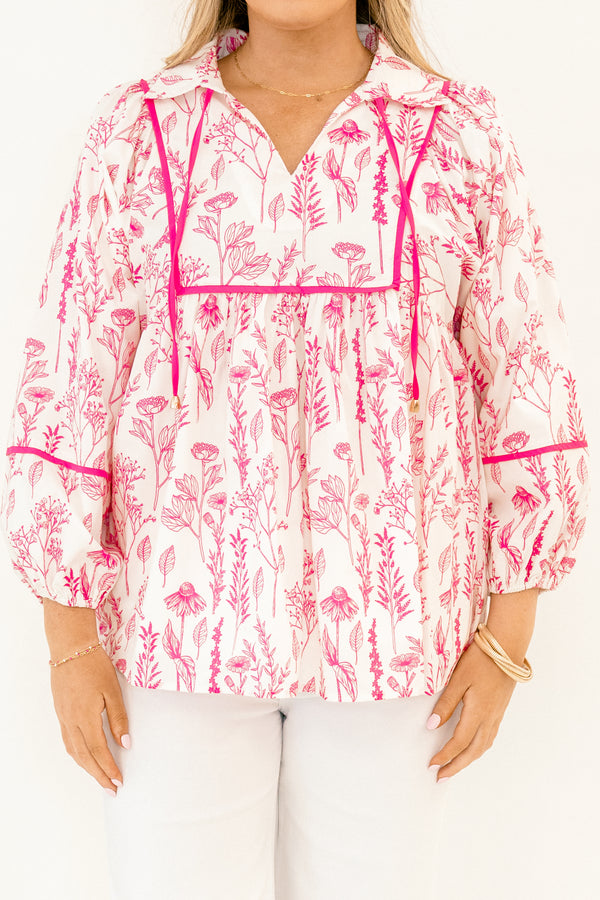 Chic Soul plus size clothing, white and pink toile long sleeve top with brighter pink outline along the chest and sleeves