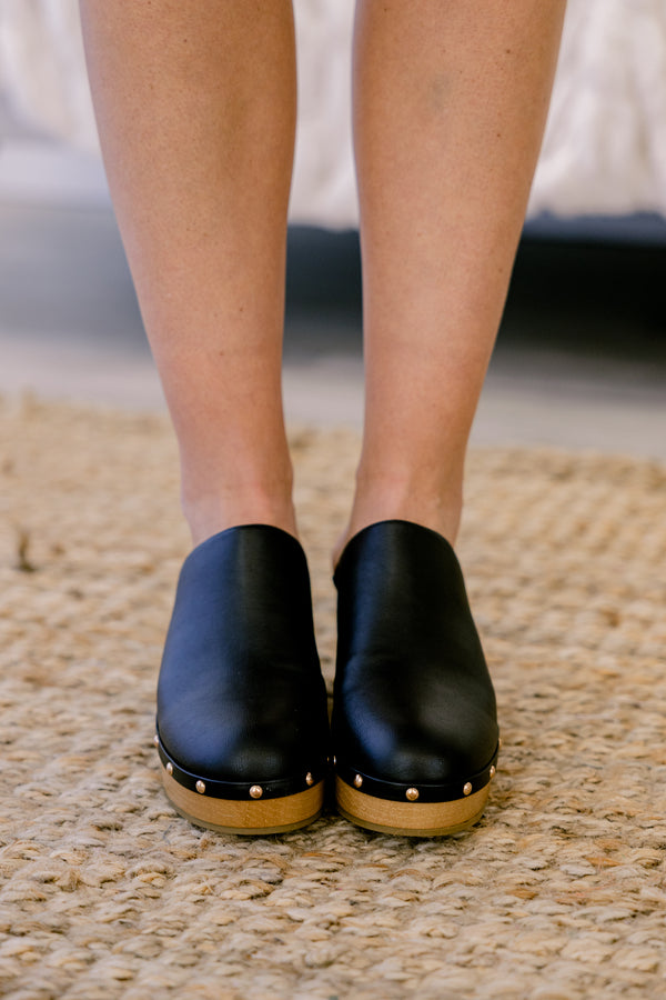 Chic Soul plus size clothing, black leather clogs with cork sole block heel and gold stud around the bottom