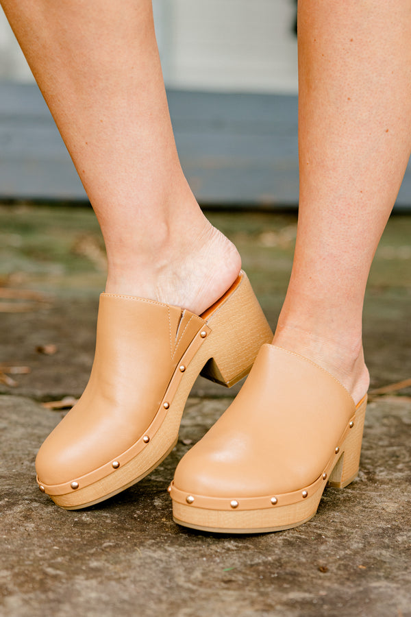 Chic Soul plus size clothing, tan closed toe clogs with stud accents