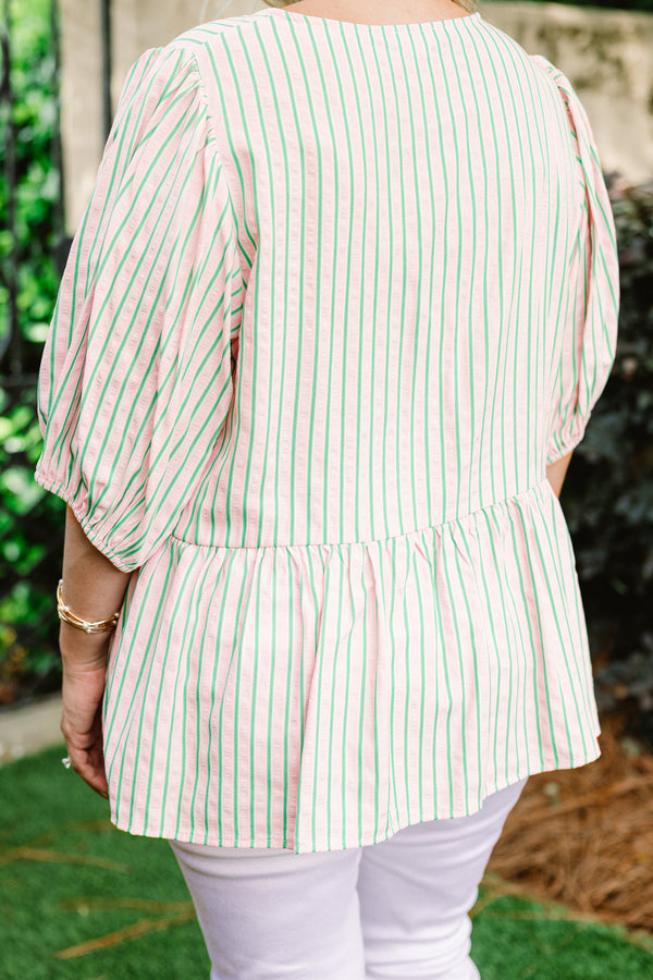 Chic Soul plus size clothing, pink short puff sleeve babydoll top with thin green vertical stripes and three bow ties along the front