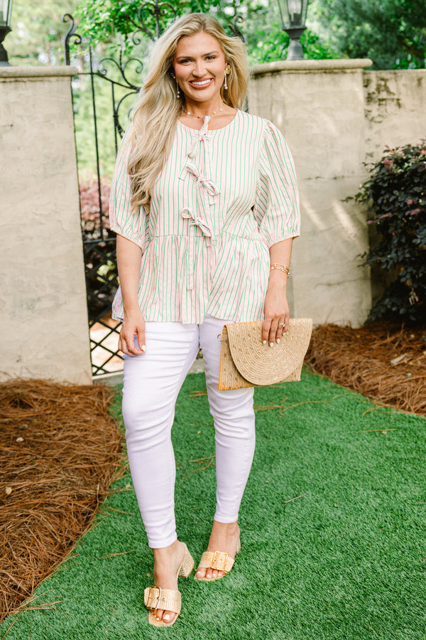 Chic Soul plus size clothing, pink short puff sleeve babydoll top with thin green vertical stripes and three bow ties along the front