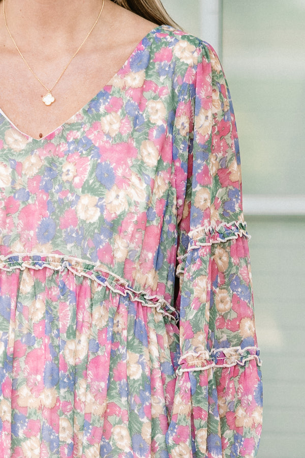 chic soul plus size clothing, purple short dress, with a multi-colored floral pattern, slight v-neck and long sleeves 