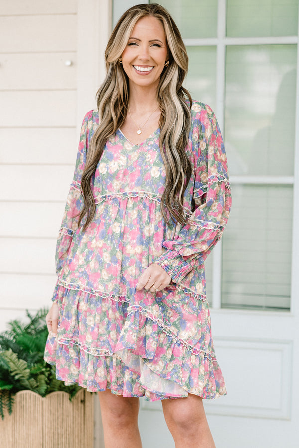chic soul plus size clothing, purple short dress, with a multi-colored floral pattern, slight v-neck and long sleeves 