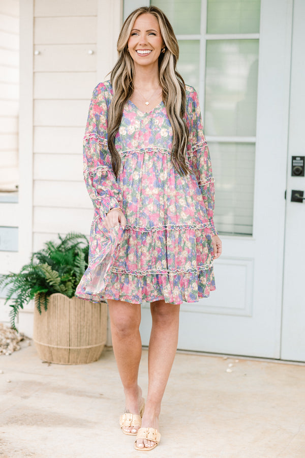 chic soul plus size clothing, purple short dress, with a multi-colored floral pattern, slight v-neck and long sleeves 