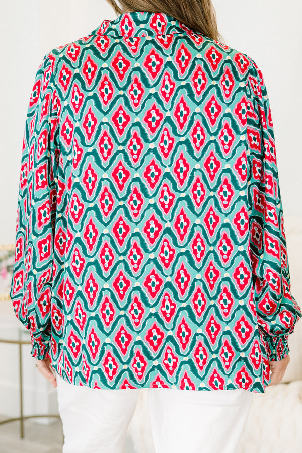 Chic Soul plus size clothing, teal and red abstract patterned long-puff sleeve collared top
