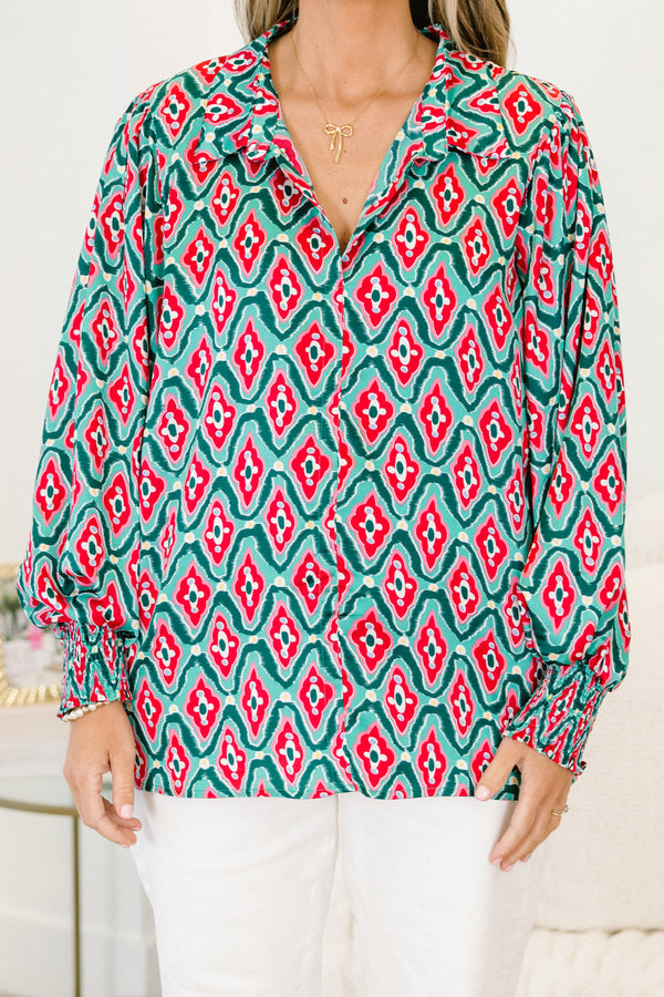 Chic Soul plus size clothing, teal and red abstract patterned long-puff sleeve collared top
