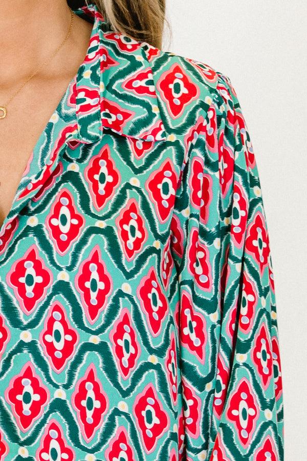 Chic Soul plus size clothing, teal and red abstract patterned long-puff sleeve collared top
