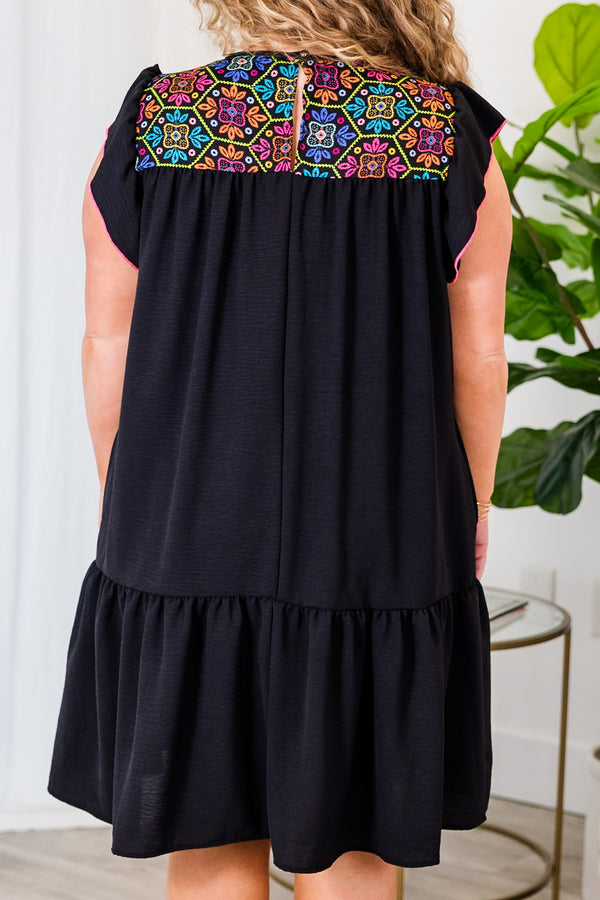 Chic Soul plus size clothing, black short dress with flutter sleeves and crochet neckline