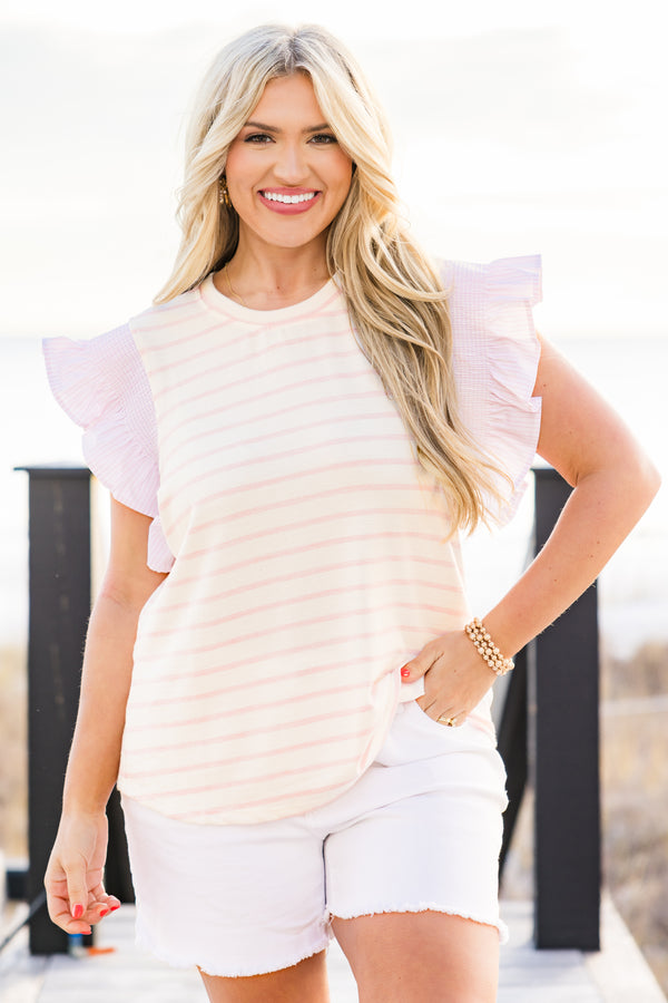 Chic Soul plus size clothing, pink short-flutter-sleeve pink-ivory striped top with a high-scoop-neckline