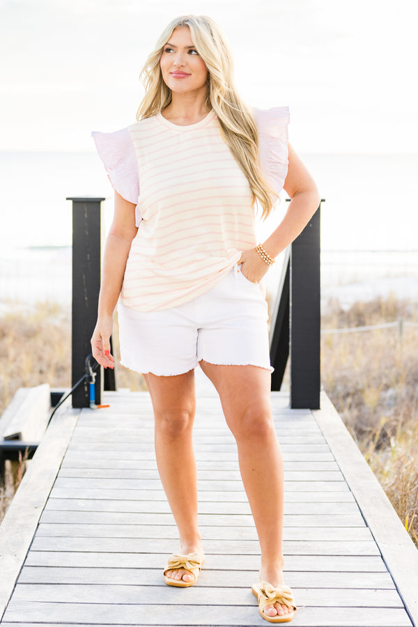 Chic Soul plus size clothing, pink short-flutter-sleeve pink-ivory striped top with a high-scoop-neckline