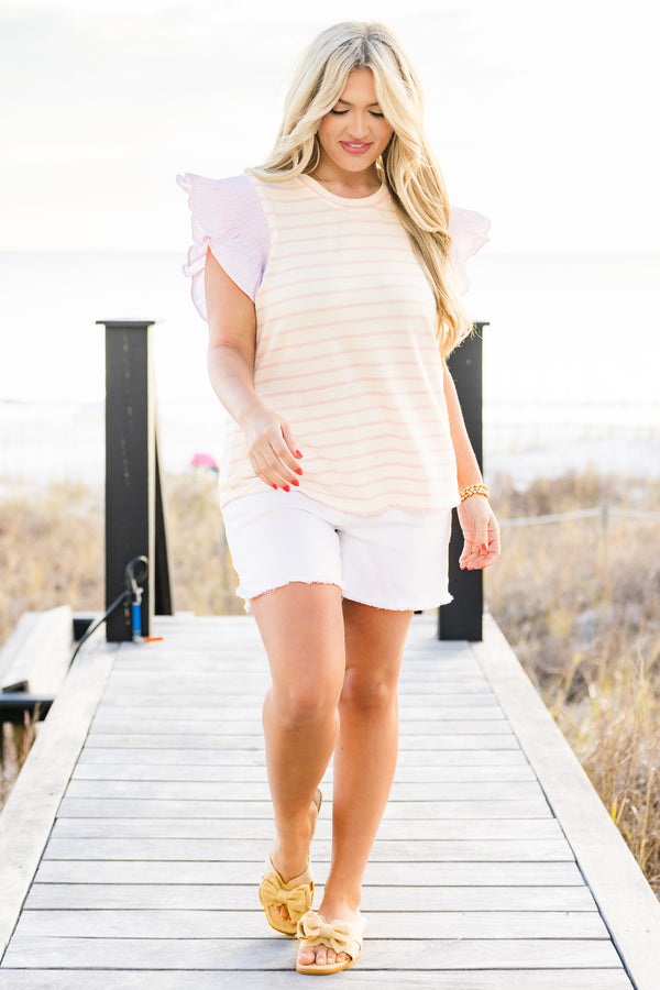 Chic Soul plus size clothing, pink short-flutter-sleeve pink-ivory striped top with a high-scoop-neckline