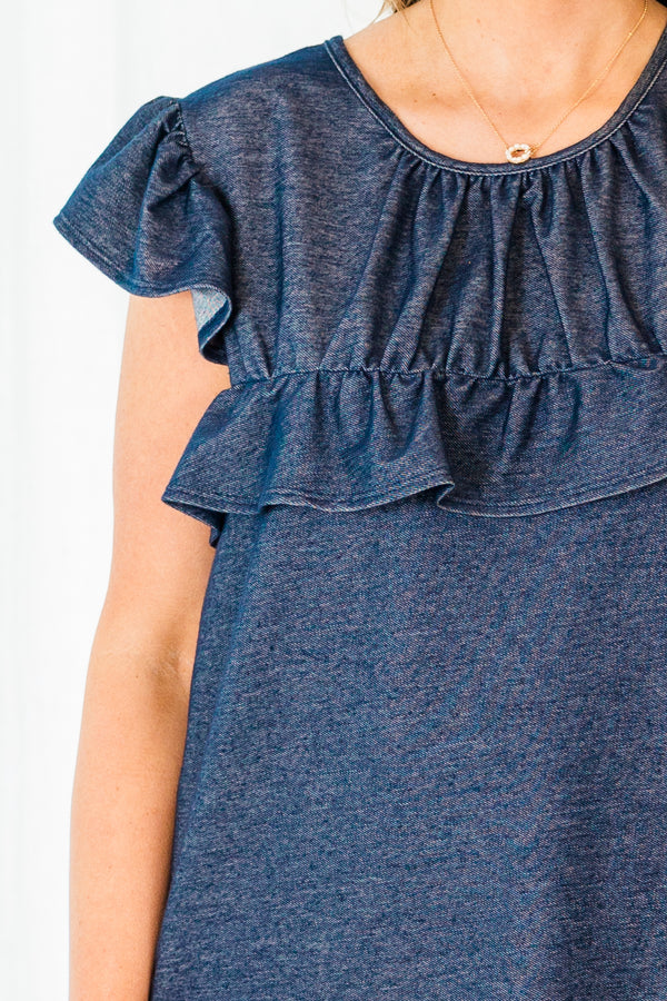 Chic Soul plus size clothing, dark blue blouse with ruffled details