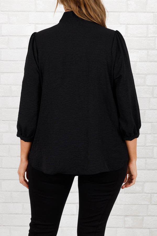 Chic Soul plus size clothing, black blouse top with 3/4 sleeves and wrap tie in front