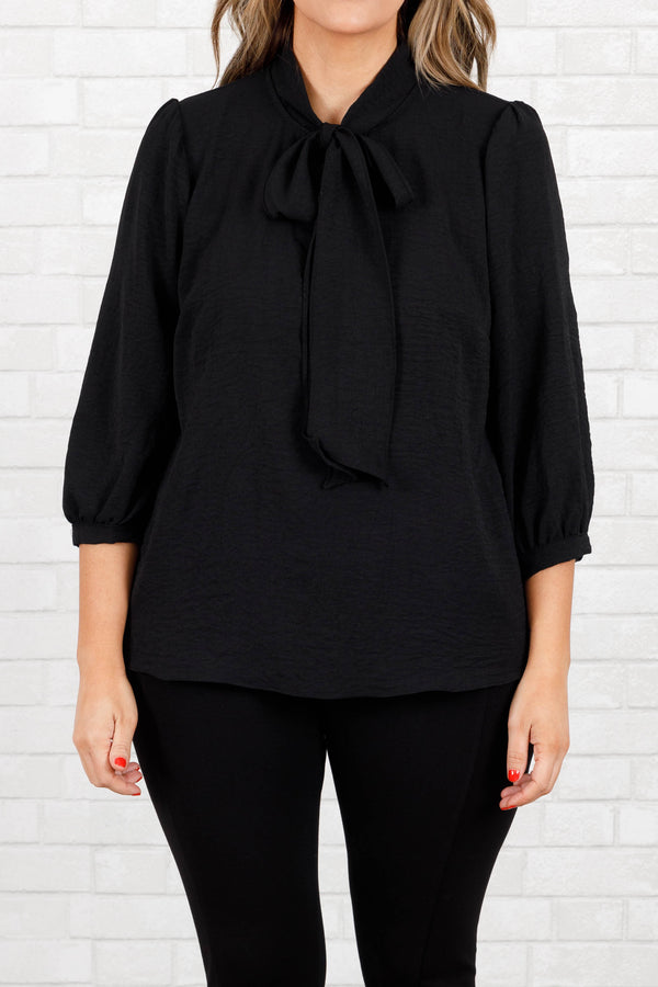 Chic Soul plus size clothing, black blouse top with 3/4 sleeves and wrap tie in front