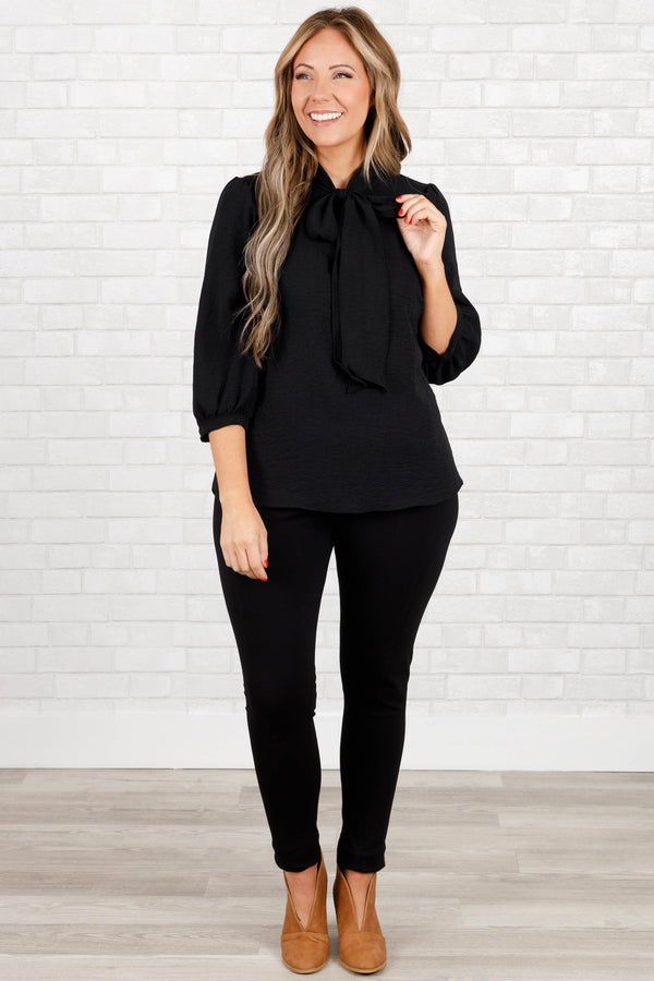 Chic Soul plus size clothing, black blouse top with 3/4 sleeves and wrap tie in front