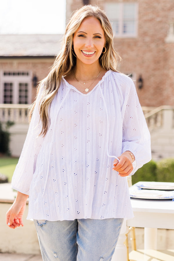 Chic Soul plus size clothing, white long sleeve eyelet top with v neckline with tie detail