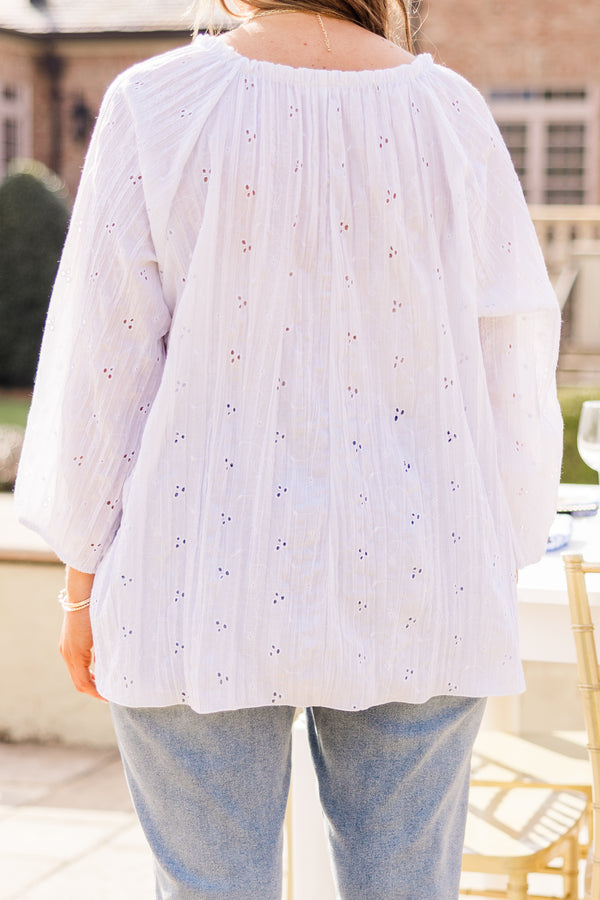 Chic Soul plus size clothing, white long sleeve eyelet top with v neckline with tie detail