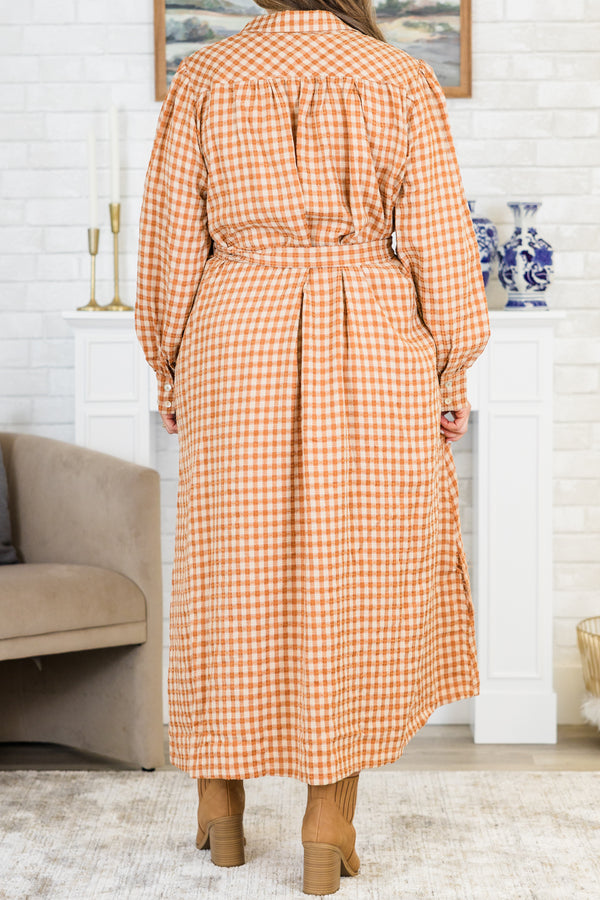 Chic Soul plus size clothing, rust maxi dress with orange plaid print with button up detail with collar and tie waist detail and cuff sleeves
