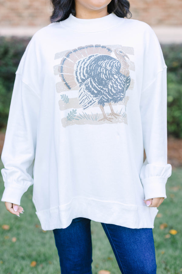 Plus Size ivory mock neck pullover sweatshirt with a vintage-style turkey graphic and long sleeves.