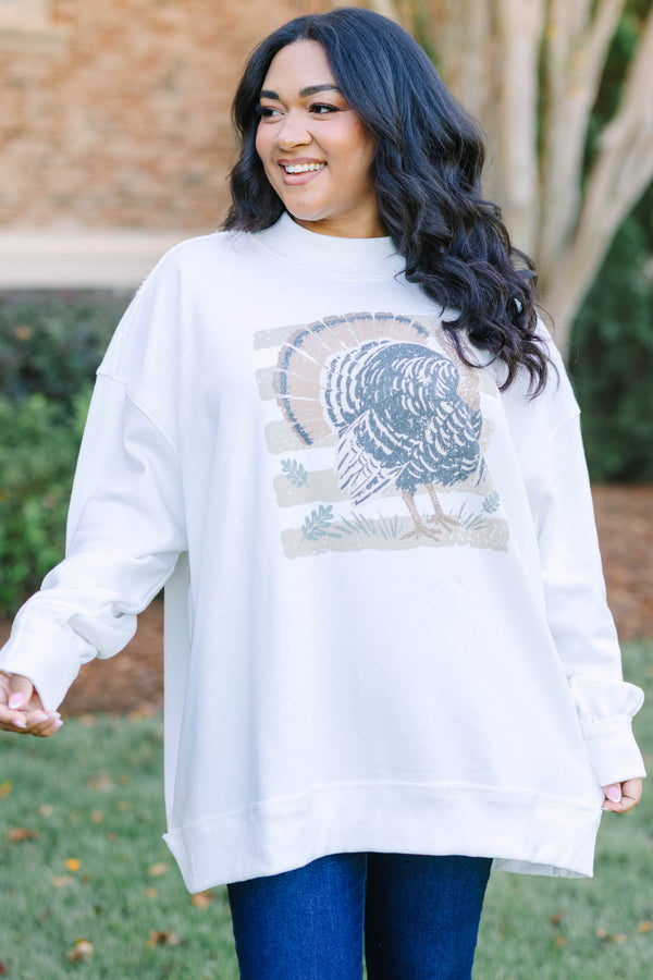 Plus Size ivory mock neck pullover sweatshirt with a vintage-style turkey graphic and long sleeves.