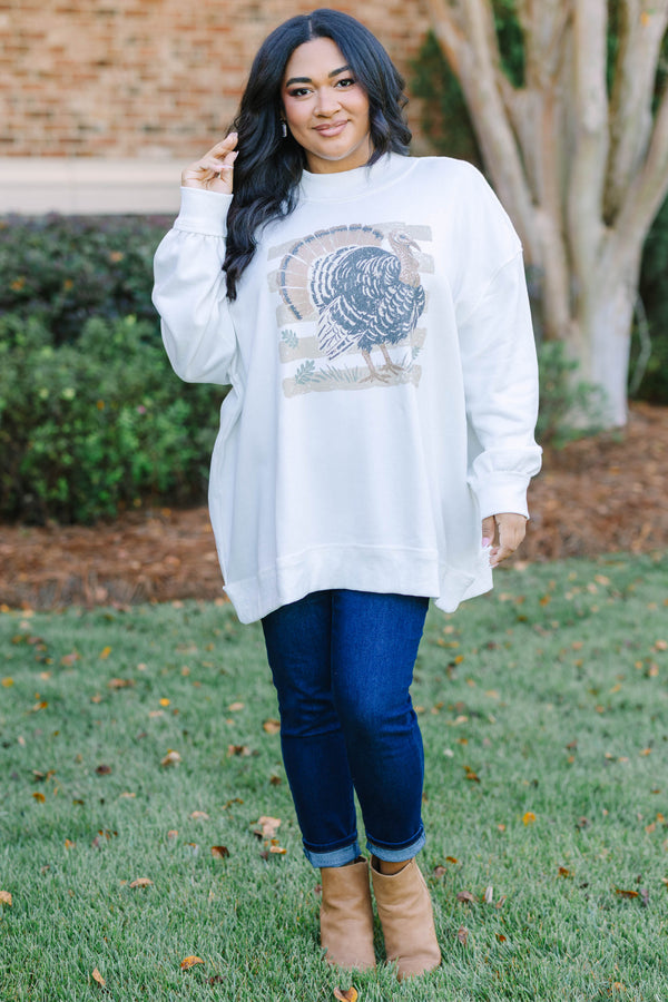 Plus Size ivory mock neck pullover sweatshirt with a vintage-style turkey graphic and long sleeves.