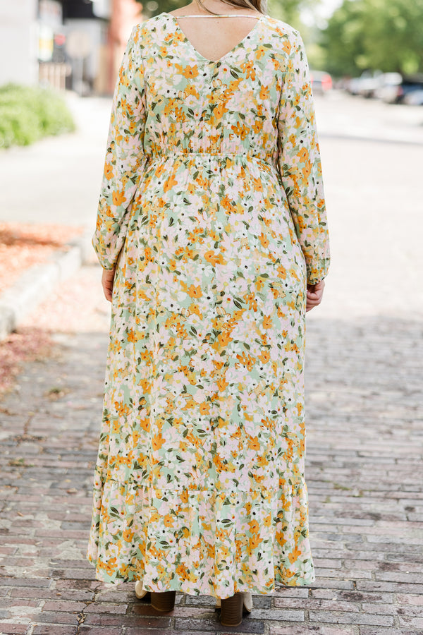 Chic Soul plus size clothing, long sleeve midi dress with cinched waist tie and orange, green, white floral pattern