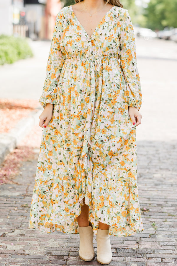 Chic Soul plus size clothing, long sleeve midi dress with cinched waist tie and orange, green, white floral pattern