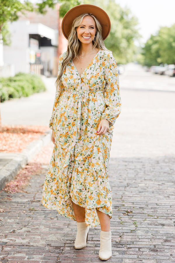 Chic Soul plus size clothing, long sleeve midi dress with cinched waist tie and orange, green, white floral pattern