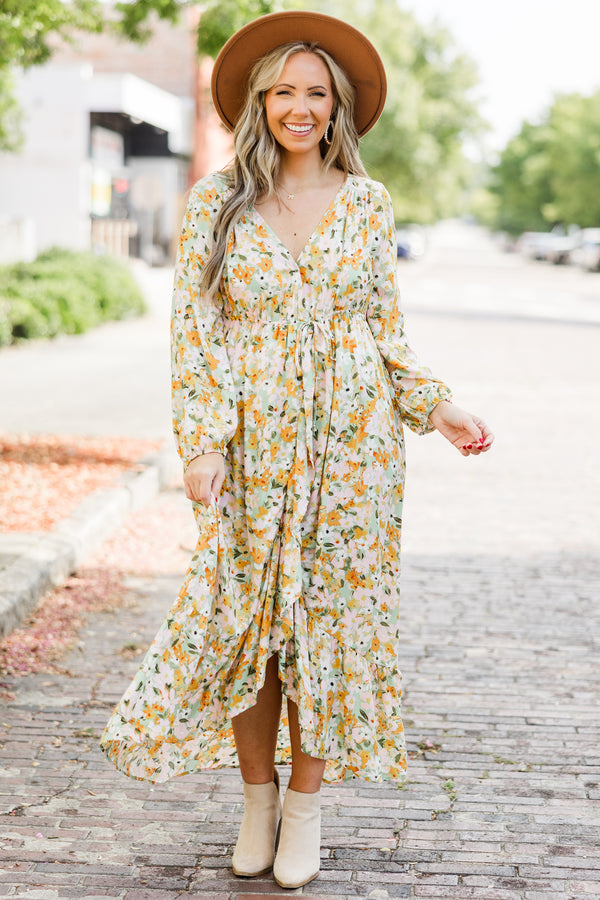 Chic Soul plus size clothing, long sleeve midi dress with cinched waist tie and orange, green, white floral pattern