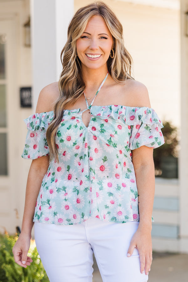 Plus Size sky blue floral babydoll top with an off-the-shoulder neckline and keyhole cutout.