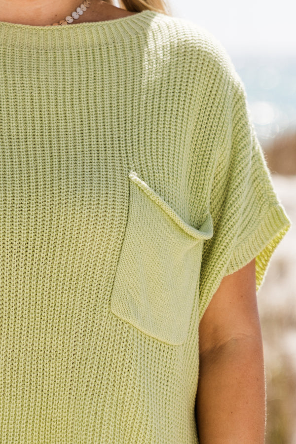 Chic Soul plus size clothing, short-sleeve light sage green knit sweater top with a mock neck and a pocket on the bodice 