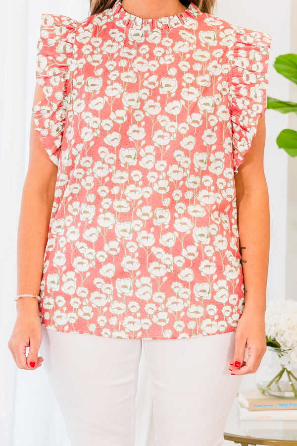 Plus Size peach floral print top with flutter sleeves and a high ruffled neckline.