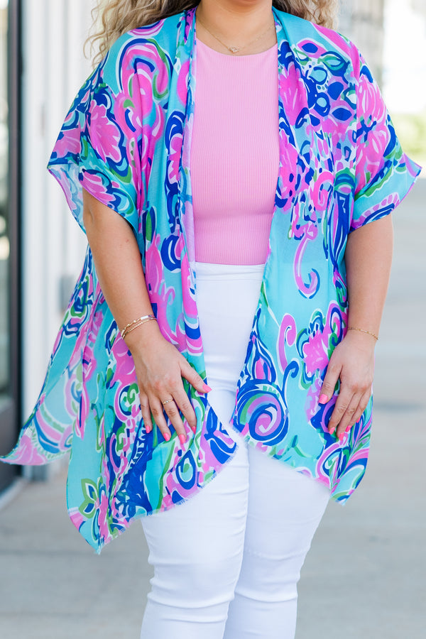  Chic Soul plus size clothing, short-sleeve blue-pink kimono with teal swirly floral detailed pattern